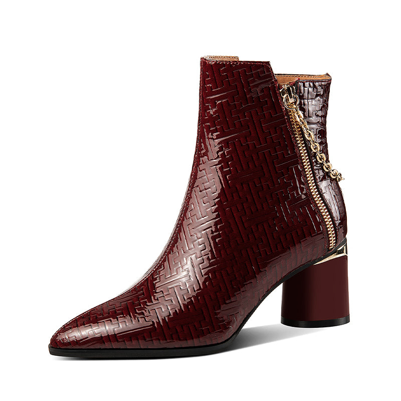 Pointed Toe Block Heel Ankle Boots Burgundy