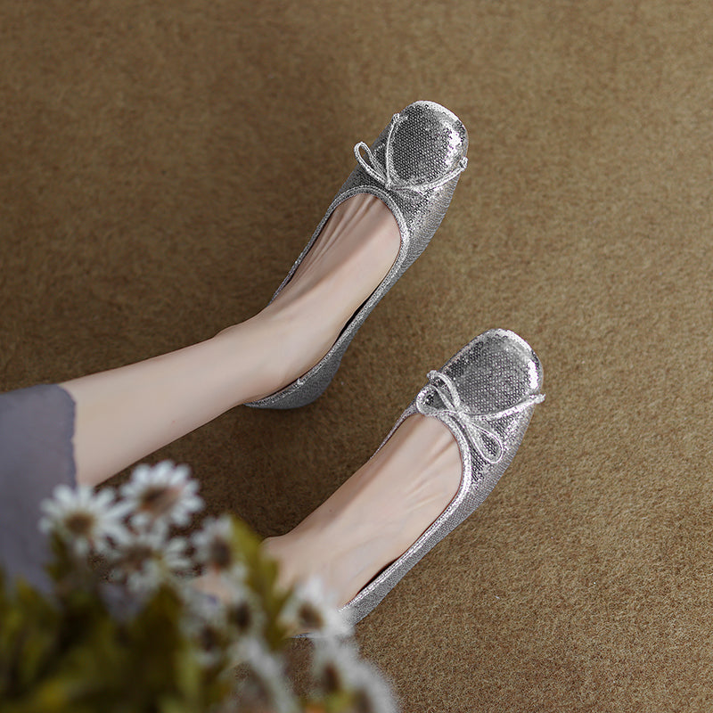 Sequin Ballet Flats with Bow Silver