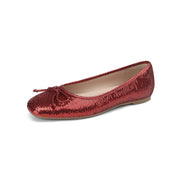 Sequin Ballet Flats with Bow Burgundy