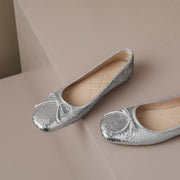 Sequin Ballet Flats with Bow Silver