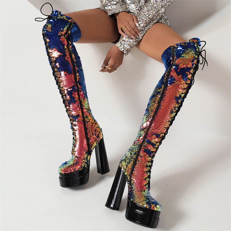 Sequin thigh high boots clearance chunky heel