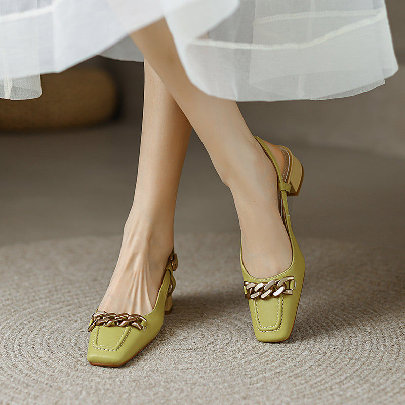 Iyana Yellow Square Toe Slingback Heels with Gold Chain