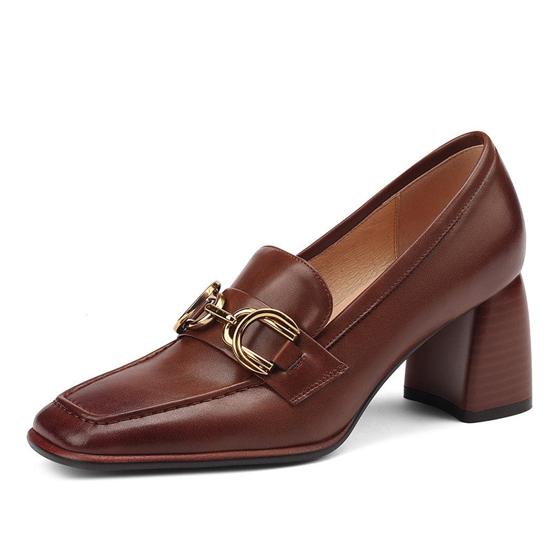 cognac loafer heels with gold chain