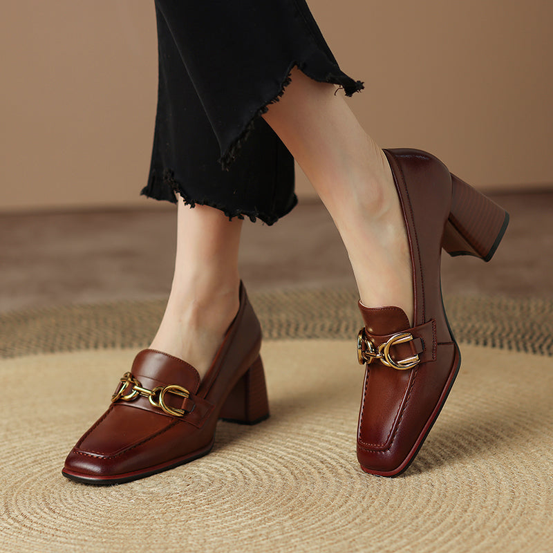cognac loafer heels with gold chain