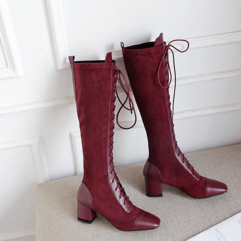 Lace up Burgundy High Knee Boots