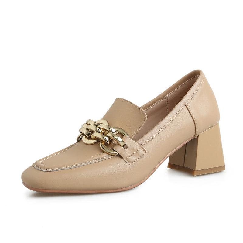 Isela Nude Square Toe Loafer Heels with Gold Chain