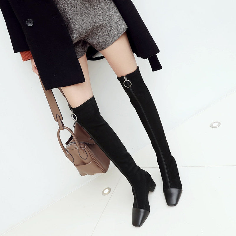 Front Zip square toe Knee High Boots