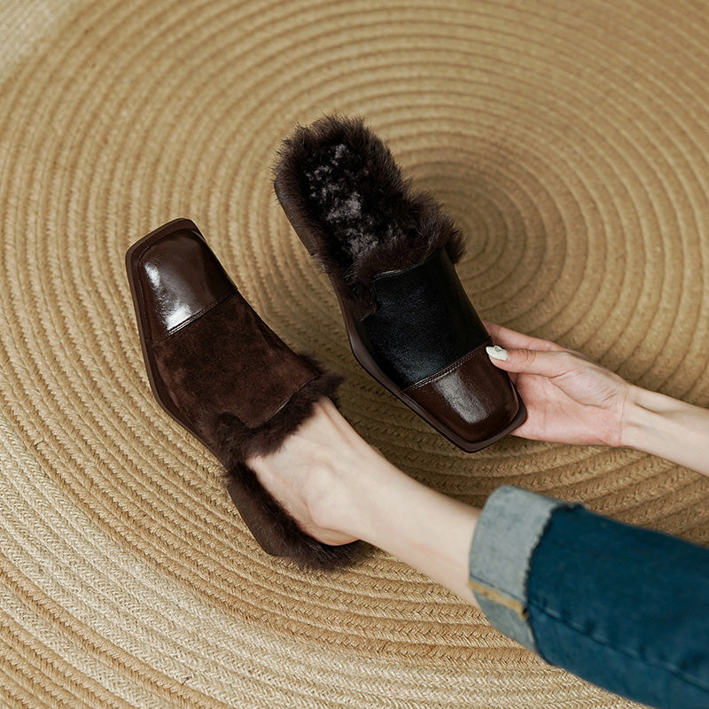 Brown Low Heeled Mules with Fur
