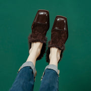 Brown Low Heeled Mules with Fur