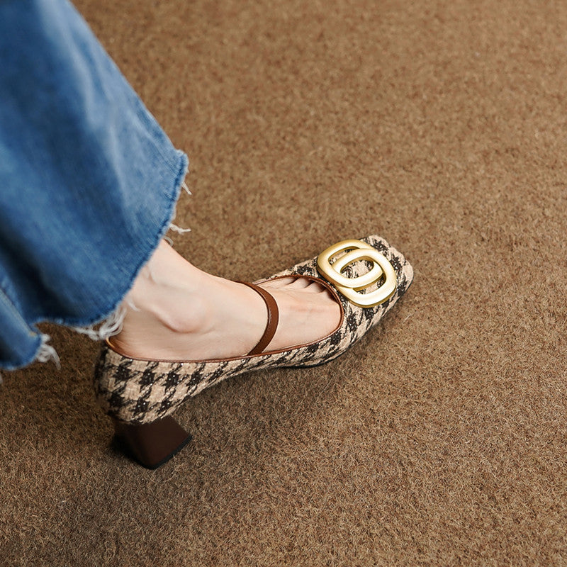 Iyla Plaid Mary Jane Chunky Heels with Gold Chain