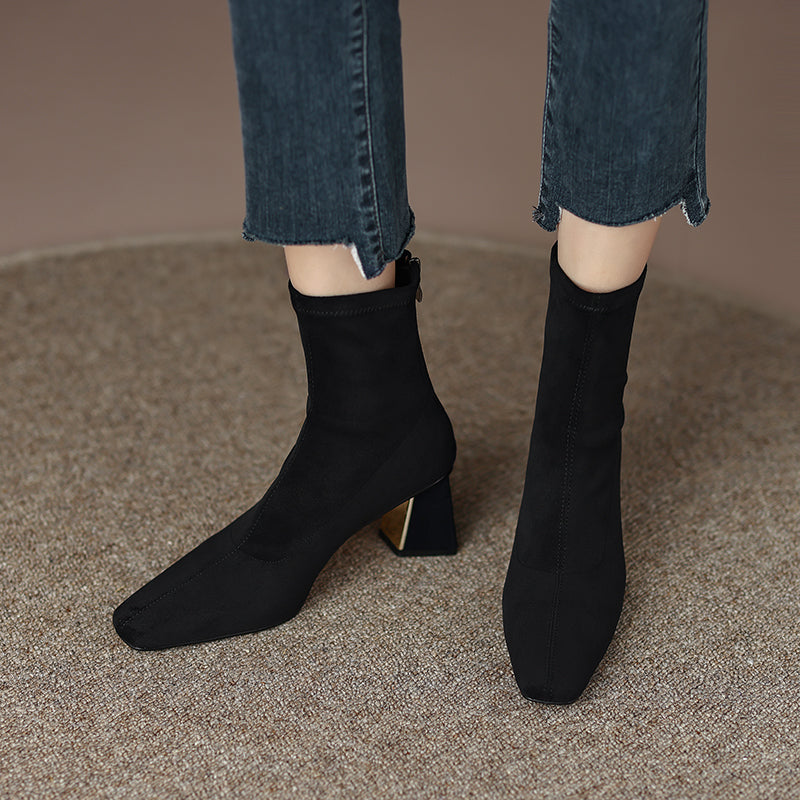 Black Square Toe Sock Ankle Boots