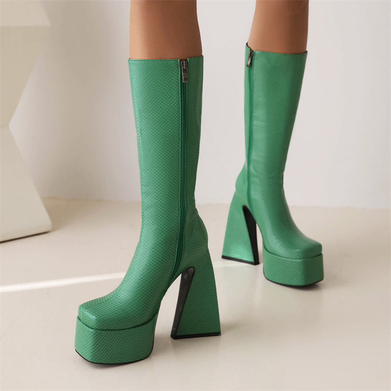 Green Platform Boots Knee High