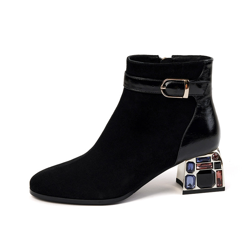 black suede ankle boots with rhinestone heels