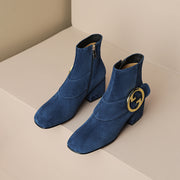 Suede Navy Blue Boots with Block Heels