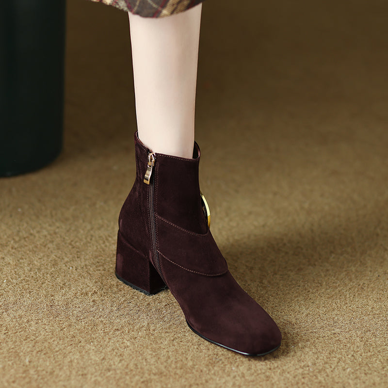 Suede Cognac Boots Womens with Block Heels
