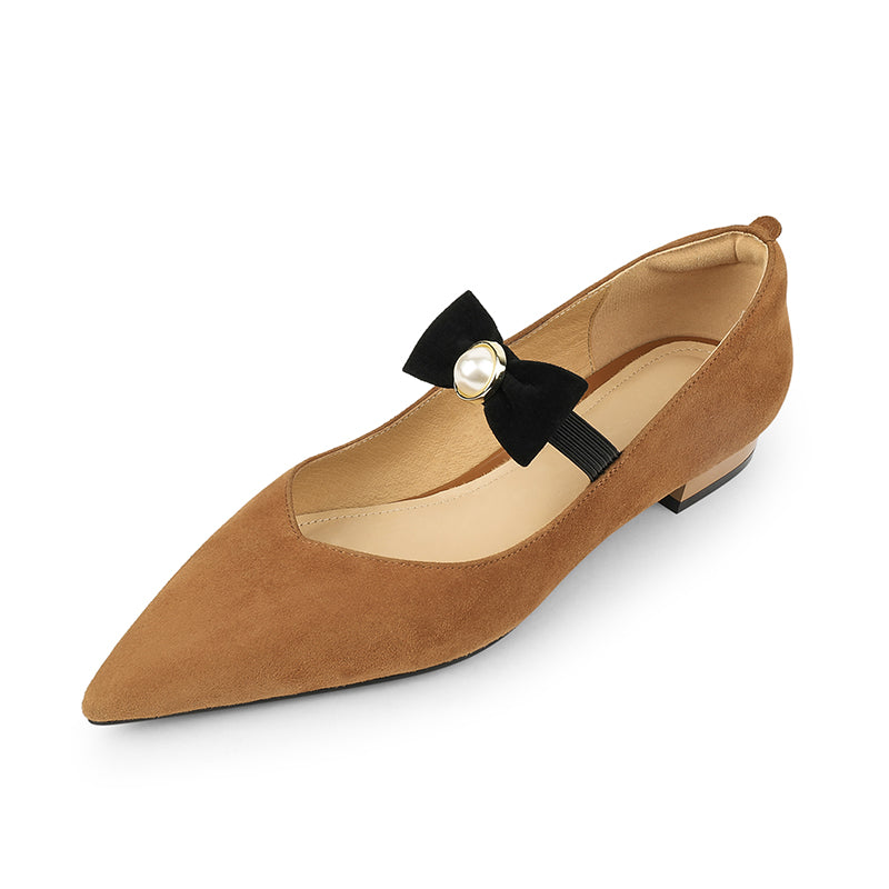 Ines Pointed Toe Flats with Bow and Pearl