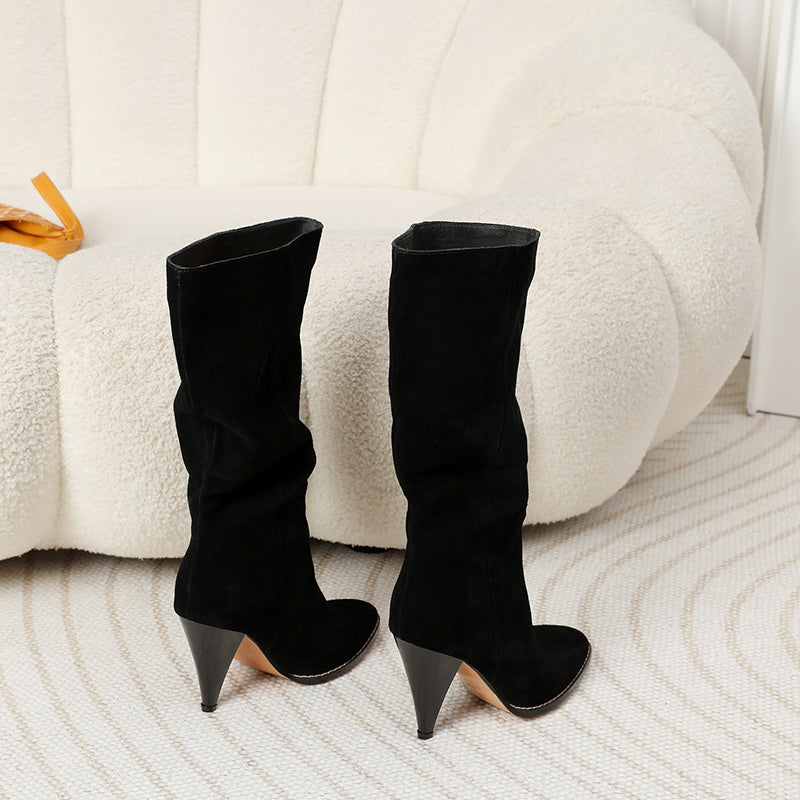 Suede Slouch Cone Heel Boots