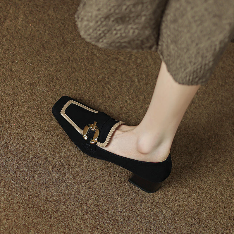 black suede low heel loafers