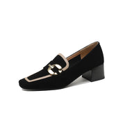 black suede low heel loafers